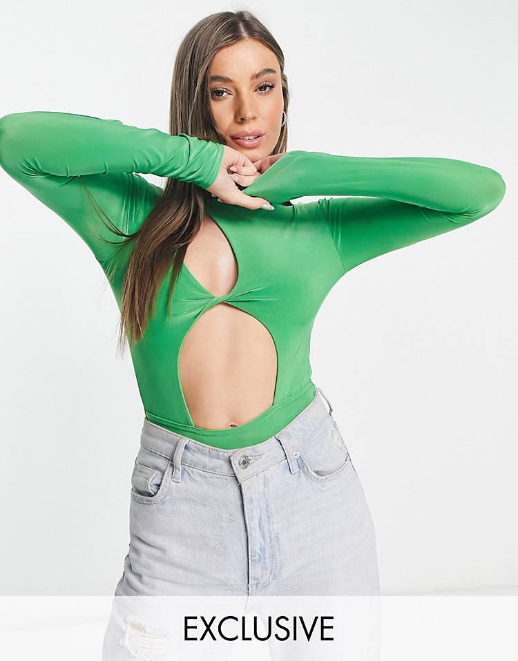 In The Style x Liberty exclusive slash neck cut out waist bodysuit in green